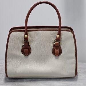 Vtg Leather Co Liz Claiborne White Pebbled Leather Brown Trim Satchel Handbag